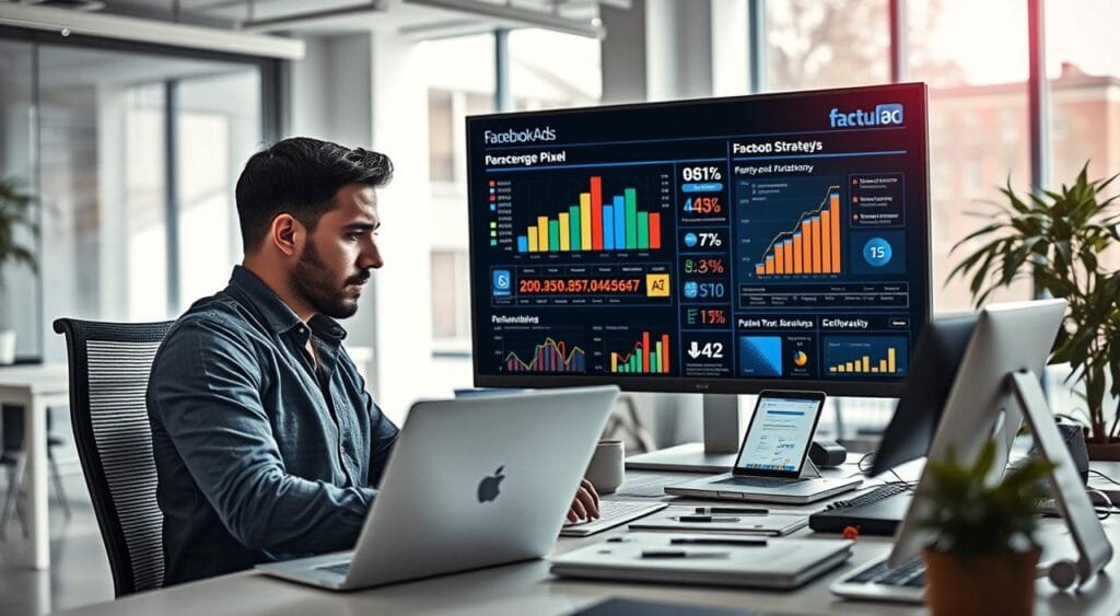 A professional marketer analyzing Facebook ad strategies for online stores, seated at a sleek modern desk cluttered with digital devices, graphs, and ad performance metrics. The foreground emphasizes the marketer's focused expression while interacting with a laptop displaying a Facebook Ads interface and analytics tools. In the middle, a large screen highlights key insights from Facebook Pixel data, illustrating retargeting strategies with visually engaging graphs. The background features a bright, airy office space with soft natural light streaming through large windows, creating a productive atmosphere. The overall mood is energetic and dynamic, reflecting the importance of data-driven marketing in e-commerce success. A professional marketer analyzing Facebook ad strategies for online stores, seated at a sleek modern desk cluttered with digital devices, graphs, and ad performance metrics. The foreground emphasizes the marketer's focused expression while interacting with a laptop displaying a Facebook Ads interface and analytics tools. In the middle, a large screen highlights key insights from Facebook Pixel data, illustrating retargeting strategies with visually engaging graphs. The background features a bright, airy office space with soft natural light streaming through large windows, creating a productive atmosphere. The overall mood is energetic and dynamic, reflecting the importance of data-driven marketing in e-commerce success.