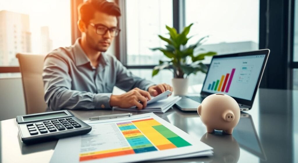 A professional, modern office environment, featuring a person in modest casual clothing sitting at a sleek desk, reviewing financial documents. In the foreground, a close-up of a calculator and a budget spreadsheet with brightly colored expense categories being marked for cuts. The middle layer showcases the individual thoughtfully examining their budget, surrounded by elements symbolizing savings, such as a piggy bank and a laptop displaying growth charts. In the background, soft natural light filters through large windows, illuminating a green plant, adding a sense of calm and focus. The overall mood is one of determination and clarity, emphasizing the proactive approach to managing personal finances. The camera angle is slightly above eye level, providing an engaging view of the workspace and the individual’s thoughtful expression. A professional, modern office environment, featuring a person in modest casual clothing sitting at a sleek desk, reviewing financial documents. In the foreground, a close-up of a calculator and a budget spreadsheet with brightly colored expense categories being marked for cuts. The middle layer showcases the individual thoughtfully examining their budget, surrounded by elements symbolizing savings, such as a piggy bank and a laptop displaying growth charts. In the background, soft natural light filters through large windows, illuminating a green plant, adding a sense of calm and focus. The overall mood is one of determination and clarity, emphasizing the proactive approach to managing personal finances. The camera angle is slightly above eye level, providing an engaging view of the workspace and the individual’s thoughtful expression.