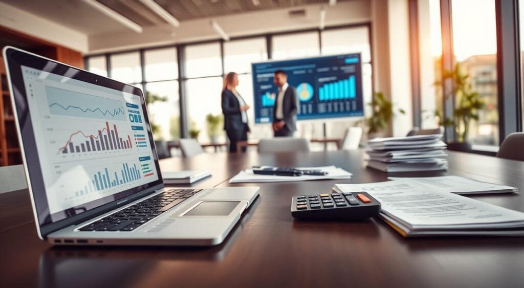 A professional, modern workspace showcasing various financial tools. In the foreground, a sleek, organized desk features a laptop displaying graphs and charts, alongside a notepad filled with neatly written financial goals. To the side, an open calculator and a stack of financial documents sit, symbolizing meticulous planning. In the middle ground, a diverse group of three individuals in business attire collaborates, looking at a large screen displaying a financial dashboard. The background shows a bright office with large windows allowing natural light to flood the room, creating a warm and inviting atmosphere. The overall mood is focused and optimistic, embodying the spirit of achievement in financial planning. The angle is slightly elevated, showcasing both the desk and the engaged team. A professional, modern workspace showcasing various financial tools. In the foreground, a sleek, organized desk features a laptop displaying graphs and charts, alongside a notepad filled with neatly written financial goals. To the side, an open calculator and a stack of financial documents sit, symbolizing meticulous planning. In the middle ground, a diverse group of three individuals in business attire collaborates, looking at a large screen displaying a financial dashboard. The background shows a bright office with large windows allowing natural light to flood the room, creating a warm and inviting atmosphere. The overall mood is focused and optimistic, embodying the spirit of achievement in financial planning. The angle is slightly elevated, showcasing both the desk and the engaged team.