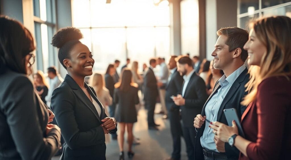 A professional networking event in a modern, well-lit office space. In the foreground, a diverse group of three individuals, a Black woman, an Asian man, and a Caucasian woman, are engaged in a lively conversation, all dressed in professional business attire, exuding confidence and warmth. In the middle ground, small clusters of professionals are mingling, exchanging business cards, and sharing ideas, creating a dynamic atmosphere. In the background, large windows reveal a city skyline, with soft sunlight streaming in, adding a warm glow. The mood is energized yet collaborative, conveying the excitement of building professional relationships. The scene is captured with a slightly blurred background to emphasize the foreground interactions, creating depth and focus.