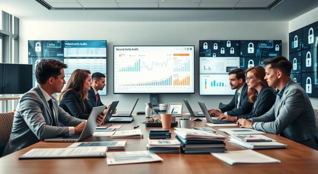 A professional office environment focused on web security strategies. In the foreground, a diverse group of IT professionals in business attire is gathered around a large table stacked with laptops, security reports, and charts displaying vulnerability scans. The middle ground features a large screen showcasing a detailed graph depicting security audit results and charts with potential vulnerabilities highlighted. In the background, a wall of monitors displays real-time analytics and digital lock icons, symbolizing security. Soft, ambient lighting illuminates the room, creating a serious yet collaborative atmosphere. The angle is slightly elevated, capturing the urgency and focus of the team as they strategize for better website security. The mood is professional, dynamic, and tech-savvy, embodying the importance of regular security audits.