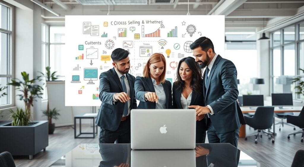 A professional office scene highlighting the concept of cross-selling and upselling. In the foreground, a diverse group of three business professionals in smart business attire are engaged in a collaborative discussion over a laptop, pointing at the screen. The middle ground features a large whiteboard filled with colorful charts, arrows, and ideas illustrating various products and services. In the background, an open office space with modern furniture and large windows allows natural light to flood in, creating a bright and inviting atmosphere. The mood is focused and energetic, emphasizing teamwork and innovation. The camera angle is slightly elevated, offering a dynamic view of the interaction and the workspace layout, encouraging a sense of engagement and possibility.