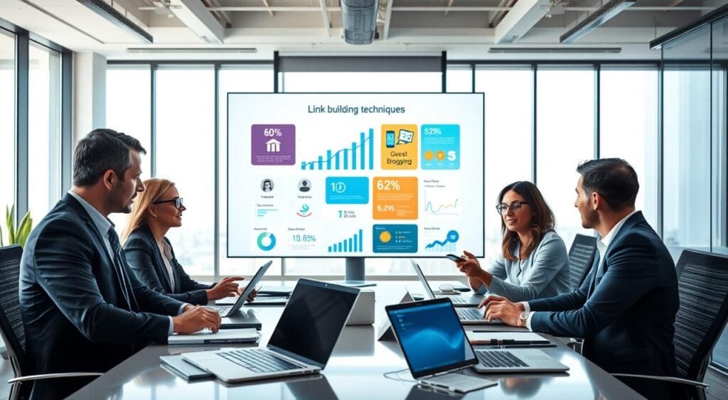 A professional office setting focused on e-commerce SEO link building techniques. In the foreground, a diverse team of three business professionals (two men and one woman) in business attire is engaged in a discussion around a conference table covered with digital devices—laptops, tablets, and notebooks, displaying graphs and web analytics. In the middle, a large screen shows a colorful infographic about link building strategies such as guest blogging and backlinking. The background features a modern office with large windows letting in bright, natural light, creating an open and collaborative atmosphere. The mood is dynamic and innovative, emphasizing teamwork and strategy in digital marketing. Use a wide-angle lens to capture the entire scene with clarity.
