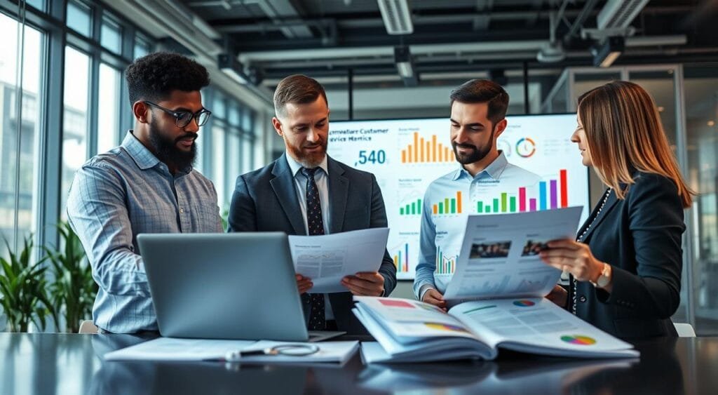 A professional office setting is depicted in the foreground, where a diverse team of three individuals in business attire—two men and one woman—are analyzing data on a laptop and a series of printed reports. Their expressions reflect focus and determination as they discuss customer service metrics. In the middle ground, a large screen displays colorful graphs and charts depicting e-commerce customer service comparisons among different competitors. The background features a modern office with glass walls, plants, and natural light streaming in, creating a bright and inviting atmosphere. The angle is slightly elevated, giving a clear view of the team engaged in their analysis. The mood is collaborative and analytical, emphasizing the importance of evaluating competitor customer service in e-commerce.