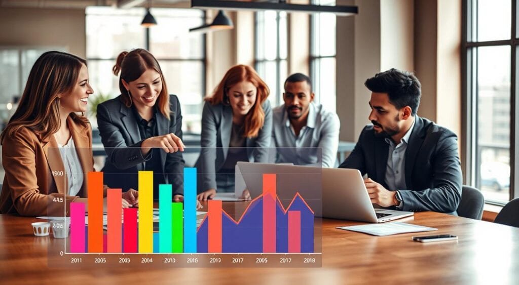 A professional office setting with a diverse team of individuals brainstorming ideas around a table, using laptops and digital devices. In the foreground, an animated graph displays insights representing website analytics, with colorful bars and line charts predicting trends. The middle layer shows team members engaged in discussion, displaying expressions of focus and excitement. One person, a woman in a smart business outfit, points to the graph, while another, a man dressed in casual business attire, types notes on a laptop. The background features a modern office space with large windows letting in natural light, creating an uplifting atmosphere. Warm colors dominate the scene, conveying a sense of collaboration and creativity as they work on content strategies that resonate with their audience.