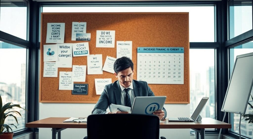 A professional setting illustrating the concept of increasing income for personal finance planning. In the foreground, a businessperson in smart casual attire is seated at a desk, reviewing charts and graphs on a laptop, deep in thought. The middle ground features a corkboard filled with pinned motivational quotes, income goals, and a calendar with financial milestones. In the background, a large window lets in natural light, illuminating a city skyline to signify opportunities. The atmosphere is optimistic and focused, with a soft light coming from the window creating gentle shadows. The angle captures the scene slightly from above, emphasizing both the individual’s concentration and the surrounding motivational elements.