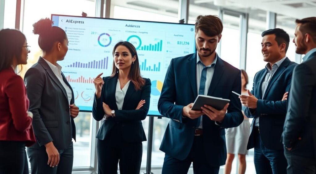A professional setting showcasing a diverse group of individuals analyzing data on a large screen, symbolizing audience targeting for AliExpress dropshipping. In the foreground, a focused woman in business attire is pointing at a chart, while a man beside her takes notes, both appearing engaged. In the middle ground, a large digital display shows detailed analytics and demographic information related to consumer behavior. The background features a modern office environment with large windows allowing natural light to pour in, casting a bright and inspiring atmosphere. The image should have vibrant colors, reflecting a sense of innovation and opportunity, captured with a slightly low-angle perspective to emphasize the importance of strategic decision-making. A professional setting showcasing a diverse group of individuals analyzing data on a large screen, symbolizing audience targeting for AliExpress dropshipping. In the foreground, a focused woman in business attire is pointing at a chart, while a man beside her takes notes, both appearing engaged. In the middle ground, a large digital display shows detailed analytics and demographic information related to consumer behavior. The background features a modern office environment with large windows allowing natural light to pour in, casting a bright and inspiring atmosphere. The image should have vibrant colors, reflecting a sense of innovation and opportunity, captured with a slightly low-angle perspective to emphasize the importance of strategic decision-making.