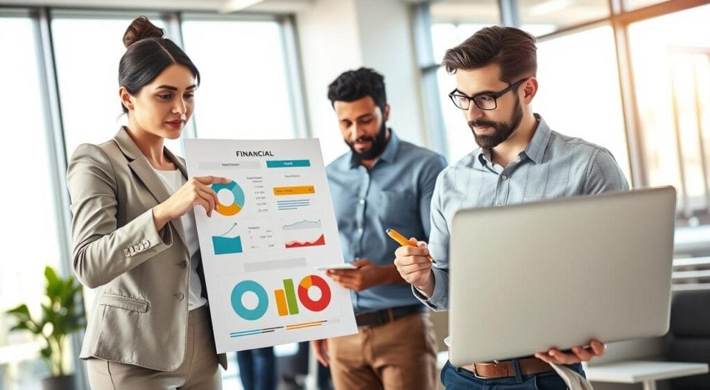 A professional setting showcasing a diverse group of individuals collaboratively identifying their financial goals. In the foreground, a woman in smart business attire points at a colorful chart filled with financial metrics and goals. In the middle ground, a man in casual but professional clothing scribbles notes on a notepad while looking thoughtfully at a laptop displaying financial graphs. The background features a bright, modern office with large windows allowing natural light to flood the space, casting soft shadows. The atmosphere is focused and productive, reflecting a sense of teamwork and aspiration. The composition should evoke clarity and motivation, with vibrant colors emphasizing the importance of financial planning.