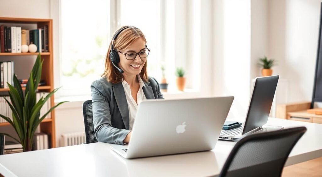 A professional virtual assistant sitting at a sleek, modern desk in a bright, well-organized home office. In the foreground, a middle-aged woman wearing business casual attire is focused on her laptop, with a headset that suggests active communication. In the middle ground, a stylish bookshelf lined with books and a few decorative plants adds a personal touch to the workspace. The background features a window allowing natural light to flood the room, creating an inviting atmosphere. The lighting is soft yet bright, emphasizing professionalism and approachability. The overall mood is productive and friendly, illustrating the essence of delivering excellent client service in a virtual assistant role. A professional virtual assistant sitting at a sleek, modern desk in a bright, well-organized home office. In the foreground, a middle-aged woman wearing business casual attire is focused on her laptop, with a headset that suggests active communication. In the middle ground, a stylish bookshelf lined with books and a few decorative plants adds a personal touch to the workspace. The background features a window allowing natural light to flood the room, creating an inviting atmosphere. The lighting is soft yet bright, emphasizing professionalism and approachability. The overall mood is productive and friendly, illustrating the essence of delivering excellent client service in a virtual assistant role.