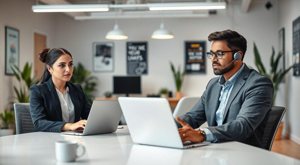 A professional virtual customer support environment featuring a diverse group of two individuals engaged in an online interview scenario. In the foreground, a woman in smart casual attire sits at a sleek desk with a laptop, her expression focused and engaged. Next to her, a man in business casual clothes interacts on a video call, displaying confidence and professionalism. The middle background showcases a modern office setup with soft lighting, plants, and motivational posters on the walls, creating an inviting atmosphere. The depth of field emphasizes the individuals while keeping the surroundings slightly blurred. The overall mood should convey preparation and professionalism, highlighting the importance of being well-equipped for customer support roles.