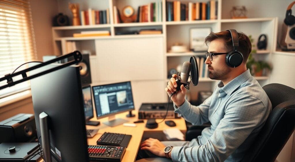 A professional voice-over artist in a modern home studio, set in the foreground, is seen adjusting a microphone while sitting in front of a computer with sound editing software open. The artist, dressed in a smart-casual outfit, is focused and engaged, conveying a sense of professionalism and creativity. In the middle ground, various recording equipment such as headphones, audio mixers, and soundproof panels add depth to the scene. The background features a cozy bookshelf filled with industry books and awards, subtly highlighting expertise. Soft, warm lighting creates an inviting atmosphere, while the camera angle is slightly above eye level, emphasizing the artist's concentration on pricing strategies for their services. The overall mood is one of determination and success in the voice-over industry.