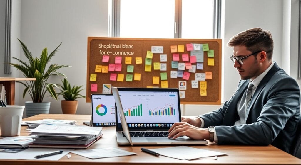 A professional workspace centered around a sleek laptop displaying a vibrant Shopify dashboard filled with analytics and app icons. In the foreground, a businessperson in smart casual attire, focused and taking notes, surrounded by marketing materials like charts and graphs. In the middle, a corkboard filled with colorful sticky notes, ideas for e-commerce strategies, and app features pinned on it. The background features a modern office with soft, natural lighting streaming through a large window, brightening the space, and a potted plant adding a touch of greenery. The atmosphere conveys creativity and productivity, illustrating the concept of growth and innovation in online marketing.