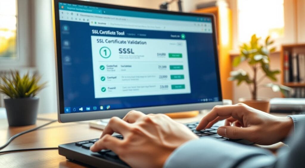 A professional workspace featuring a computer screen displaying an SSL certificate validation tool. In the foreground, a close-up of hands typing on a keyboard, focused and engaged in the process. The middle ground reveals the computer interface showing SSL certificate details, with visual elements like green checkmarks and validation icons indicating success. In the background, softly blurred elements include a bookshelf filled with technical books and a plant to add a touch of warmth. The scene is illuminated with warm, natural lighting from a window, creating an inviting and productive atmosphere. The overall mood is one of diligence and clarity, emphasizing the importance of using SSL tools for validation in website security.