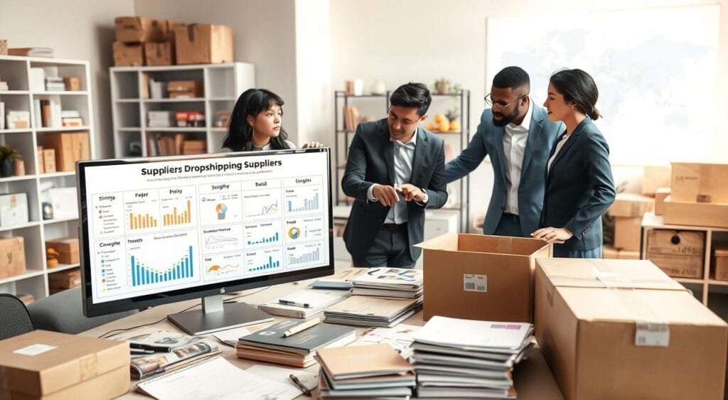 A professional workspace featuring a diverse team of three individuals conducting research on dropshipping suppliers. In the foreground, a computer screen displays shipping options and timelines, illustrating various supplier profiles with graphs and charts. The middle ground includes a large table cluttered with shipping boxes of different sizes, catalogues, and a notepad with notes. In the background, shelves filled with products and a world map highlighting shipping routes add depth. Soft, natural lighting filters in through a window, creating a bright and focused atmosphere. The team, dressed in smart casual attire, discusses and points at the screen, conveying a sense of collaboration and strategic planning.
