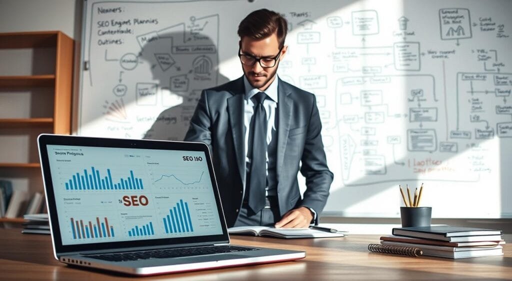 A professional workspace illustrating "Search Engine Optimization (SEO) Basics". In the foreground, a laptop displays graphs and analytics related to SEO performance, alongside SEO-related tools like keyword planners and content outlines. The middle layer features a person dressed in smart business attire, analyzing the data on the laptop, with a look of concentration and determination. In the background, a whiteboard filled with SEO strategies and flowcharts creates a structured environment. Soft, natural lighting illuminates the scene, enhancing productivity while casting gentle shadows. The overall mood is focused and professional, emphasizing keen insights and analytical thinking crucial for mastering SEO techniques.
