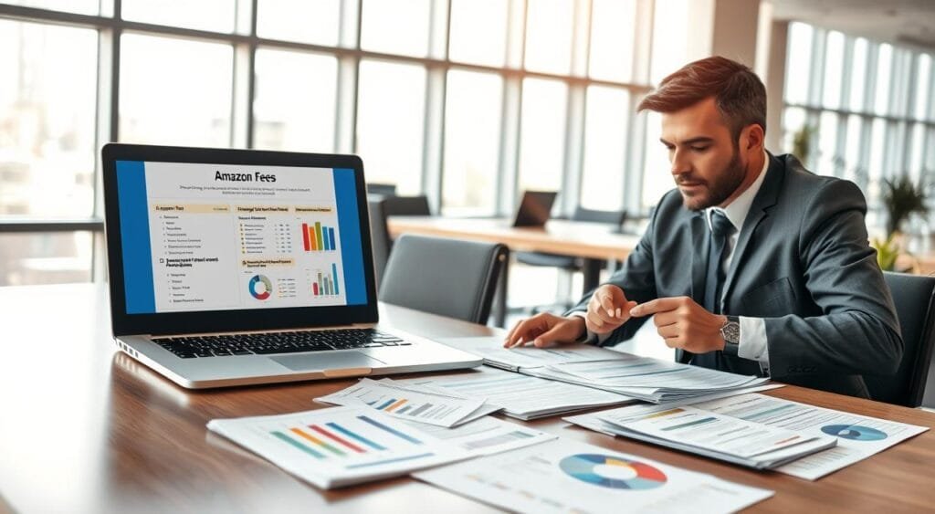 A professional workspace illustrating a business person analyzing Amazon fees and selling requirements. In the foreground, a focused individual dressed in smart business attire is attentively reviewing multiple documents and charts laid out on a sleek wooden desk. In the middle ground, a laptop displays a detailed breakdown of Amazon fees alongside a checklist of selling requirements, with vibrant graphs and spreadsheets. The background features a modern office with large windows allowing natural light to flood in, creating a bright and motivating atmosphere. The scene captures a sense of concentration and diligence, emphasizing the importance of understanding the complexities of selling on Amazon. The composition should include a balanced view and be shot from a slightly angled perspective to enhance depth. A professional workspace illustrating a business person analyzing Amazon fees and selling requirements. In the foreground, a focused individual dressed in smart business attire is attentively reviewing multiple documents and charts laid out on a sleek wooden desk. In the middle ground, a laptop displays a detailed breakdown of Amazon fees alongside a checklist of selling requirements, with vibrant graphs and spreadsheets. The background features a modern office with large windows allowing natural light to flood in, creating a bright and motivating atmosphere. The scene captures a sense of concentration and diligence, emphasizing the importance of understanding the complexities of selling on Amazon. The composition should include a balanced view and be shot from a slightly angled perspective to enhance depth.