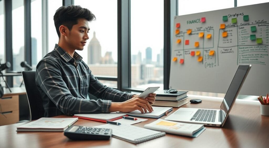 A professional workspace scene depicting a freelancer managing finances for software development projects. In the foreground, a focused young adult in business casual attire sits at a modern desk, deeply engaged in analyzing financial charts on a laptop. A calculator and notebooks with handwritten notes are scattered around. In the middle ground, a whiteboard displays strategies and programming timelines, adorned with colorful sticky notes for reminders. The background features a large window letting in soft natural light, with a city skyline visible outside, creating an inspiring atmosphere. The mood is organized and productive, reflecting diligence and clarity. The composition is shot from a slight angle to emphasize the desk setup and the bustling environment beyond the window.
