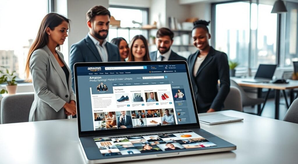 A professional workspace setting showing a diverse group of business people in smart casual attire, focused on a computer screen displaying the Amazon product listing interface. In the foreground, a laptop open with an array of images and videos showcasing various products ready to be uploaded. The middle section reveals a light-drenched office with organized shelves containing product samples and office supplies. The background features a large window with a view of a city skyline, adding depth to the scene. The lighting is bright and inviting, suggesting a productive atmosphere. Capture a sense of concentration and teamwork as they engage in the process of uploading images and videos, highlighting the importance of visual content in e-commerce. A professional workspace setting showing a diverse group of business people in smart casual attire, focused on a computer screen displaying the Amazon product listing interface. In the foreground, a laptop open with an array of images and videos showcasing various products ready to be uploaded. The middle section reveals a light-drenched office with organized shelves containing product samples and office supplies. The background features a large window with a view of a city skyline, adding depth to the scene. The lighting is bright and inviting, suggesting a productive atmosphere. Capture a sense of concentration and teamwork as they engage in the process of uploading images and videos, highlighting the importance of visual content in e-commerce.