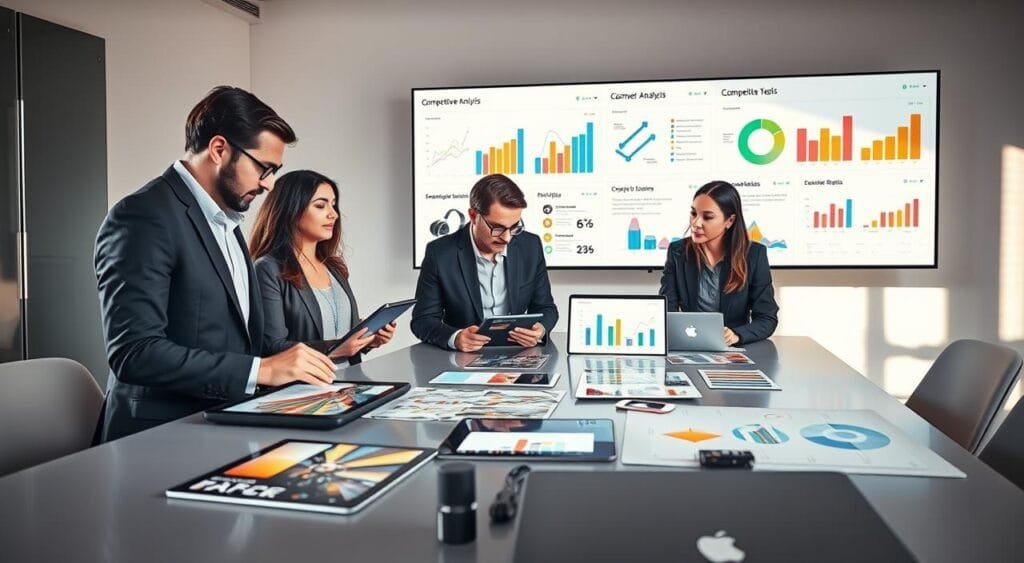 A professional workspace showcasing a competitive analysis of online retail. In the foreground, a diverse group of four business professionals, dressed in smart business attire, examining product charts and graphs on a sleek conference table. The middle layer features colorful product listings displayed on digital tablets and laptops, highlighting various competitive offerings in online retail. In the background, a large screen shows comparative analytics visuals, with vibrant bar graphs and pie charts. Soft, natural lighting illuminates the room, creating an inviting and collaborative atmosphere. An angle from slightly above gives a comprehensive view of the interaction, emphasizing teamwork and focus on analysis. The mood is analytical and dynamic, reflecting a serious yet innovative approach to competitive research in e-commerce.