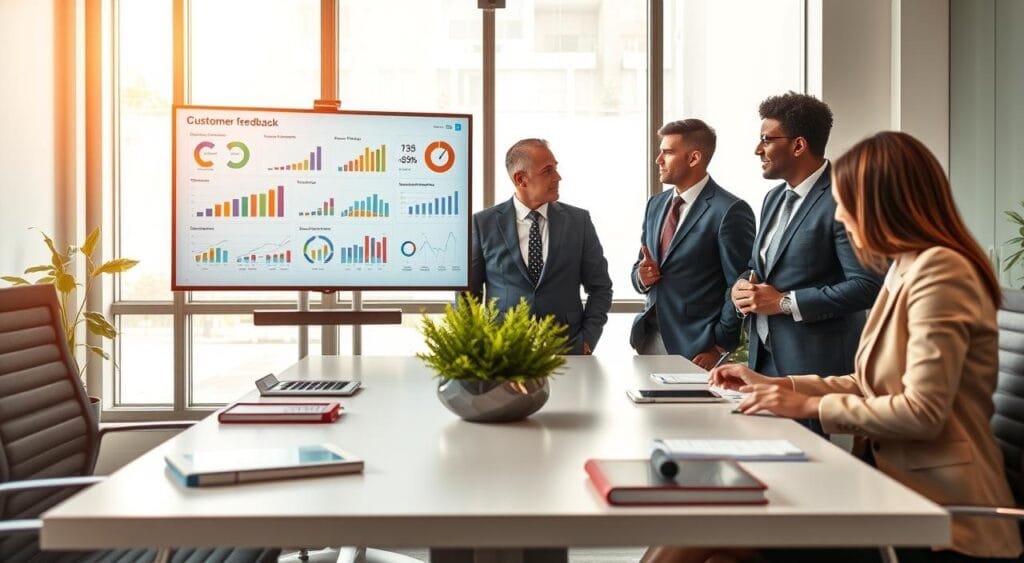A professional workspace showcasing a digital analysis of customer feedback. In the foreground, a diverse team of three business professionals, dressed in smart business attire, is engaged in a discussion around a large monitor displaying colorful graphs and charts illustrating customer satisfaction metrics. In the middle, a modern conference table is scattered with notebooks and tablets, with a plant centerpiece adding a touch of nature. The background features a large window with daylight streaming in, creating a bright, inviting atmosphere. The lighting is warm and soft, emphasizing collaboration and focus in the environment. The composition conveys a sense of teamwork and determination to enhance customer retention through feedback analysis. A professional workspace showcasing a digital analysis of customer feedback. In the foreground, a diverse team of three business professionals, dressed in smart business attire, is engaged in a discussion around a large monitor displaying colorful graphs and charts illustrating customer satisfaction metrics. In the middle, a modern conference table is scattered with notebooks and tablets, with a plant centerpiece adding a touch of nature. The background features a large window with daylight streaming in, creating a bright, inviting atmosphere. The lighting is warm and soft, emphasizing collaboration and focus in the environment. The composition conveys a sense of teamwork and determination to enhance customer retention through feedback analysis.