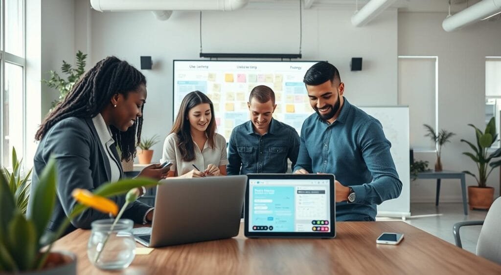 A professional workspace showcasing a usability testing session. In the foreground, a diverse group of three people, dressed in smart casual attire, engage with a high-fidelity prototype on a laptop. They are focused and taking notes, surrounded by sticky notes and diagrams on a whiteboard illustrating user journey maps. In the middle ground, a large screen displays usability metrics and feedback gathered from tests, emphasizing high-tech tools. The background features a well-lit modern office space with plants and minimalistic furniture to create a fresh, inviting atmosphere. Soft natural light streaming in from large windows adds warmth, enhancing a collaborative mood. The camera angle is slightly elevated, giving a comprehensive view of the activity, creating an engaging and professional setting that reflects user experience optimization. A professional workspace showcasing a usability testing session. In the foreground, a diverse group of three people, dressed in smart casual attire, engage with a high-fidelity prototype on a laptop. They are focused and taking notes, surrounded by sticky notes and diagrams on a whiteboard illustrating user journey maps. In the middle ground, a large screen displays usability metrics and feedback gathered from tests, emphasizing high-tech tools. The background features a well-lit modern office space with plants and minimalistic furniture to create a fresh, inviting atmosphere. Soft natural light streaming in from large windows adds warmth, enhancing a collaborative mood. The camera angle is slightly elevated, giving a comprehensive view of the activity, creating an engaging and professional setting that reflects user experience optimization.