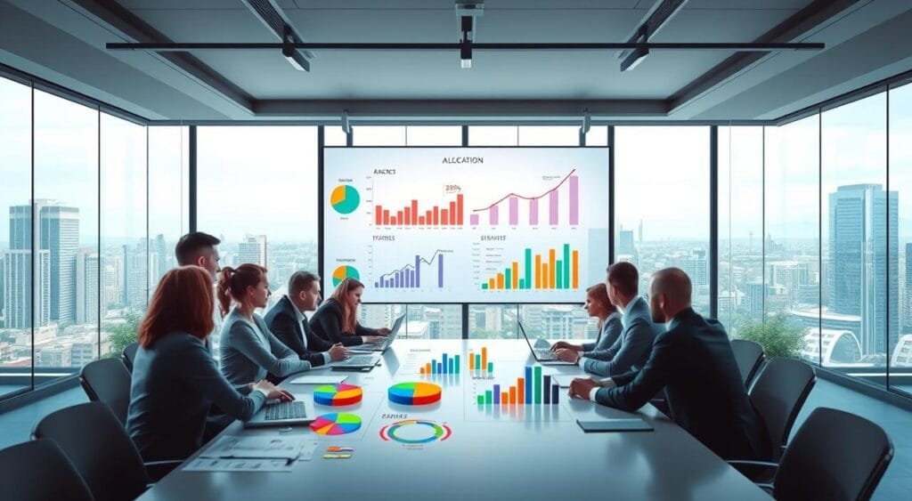 A serene and informative scene illustrating asset allocation for investment portfolios. In the foreground, a diverse group of professionals in business attire engage in a discussion around a large conference table, analyzing colorful pie charts and bar graphs representing various asset classes such as stocks, bonds, real estate, and commodities. In the middle ground, a digital display showcases animated graphics of market trends and allocations, casting soft glow lighting. The background features a modern office environment with large windows overlooking a bustling cityscape, providing a sense of optimism and opportunity. The atmosphere is focused and collaborative, highlighting the importance of choosing the right investment mix. Bright, natural light enhances the image, creating a professional yet welcoming mood.