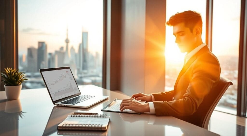 A serene and inspiring scene depicting smart investing for the future. In the foreground, a confident young professional in smart business attire, seated at a sleek, modern desk, examines financial graphs on a laptop. Nearby, a notepad features strategic investment notes. In the middle ground, a large window reveals a vibrant city skyline, symbolizing growth and opportunity. The background captures a warm sunset, casting a golden light that enhances a positive atmosphere. Soft shadows play across the workspace, emphasizing clarity and focus. The entire composition is shot from a slight angle, creating depth and a sense of forward momentum, evoking feelings of optimism and empowerment in financial decision-making.