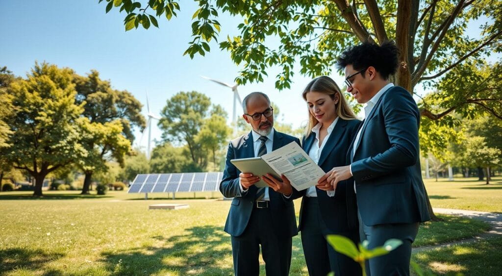 A serene and inspiring scene showcasing high return investments through sustainable and ethical means. In the foreground, a diverse group of three professional individuals dressed in smart business attire, intently examining eco-friendly investment reports on a tablet. In the middle ground, a lush green park with solar panels and wind turbines in the background, symbolizing sustainability. The setting features a clear blue sky, and soft sunlight filtering through leaves, creating dappled light patterns on the ground. The atmosphere is positive and optimistic, highlighting growth and opportunity. The camera angle is slightly low, emphasizing the individuals' engagement with the future of ethical investing, while the overall composition conveys harmony between nature and smart economic choices.