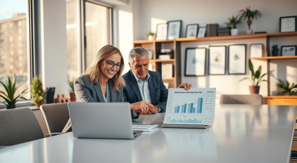 A serene and inviting office environment depicting a diverse group of professionals gathered around a sleek conference table, reviewing charts and financial plans for retirement. In the foreground, a smiling middle-aged woman in business attire points at a detailed retirement savings graph on a laptop, while an older gentleman in a suit nods thoughtfully. The middle ground features a large window allowing warm, natural light to flood the room, casting soft shadows on the modern decor. In the background, shelves filled with books about wealth management, framed certificates, and potted plants create a comforting atmosphere. The mood is focused yet optimistic, emphasizing the importance of retirement planning. The image should be captured with a soft focus lens, enhancing the warm and cooperative vibe of the setting.