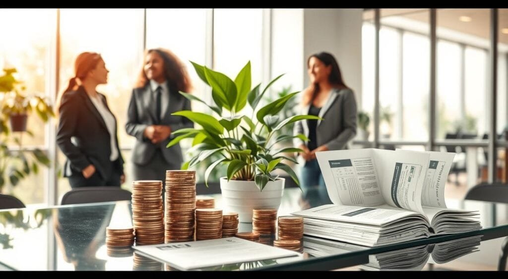 A serene and inviting scene illustrating the concept of "saving for the future." In the foreground, a diverse group of three individuals in professional business attire, engaged in a thoughtful discussion around a modern glass table, with stacks of coins and financial documents neatly organized before them. In the middle ground, a large, lush potted plant symbolizes growth, and a few open savings account brochures hint at various bank options. The background features a bright office setting with large windows, letting in warm, natural light that creates a hopeful atmosphere. The overall mood is collaborative and focused, reflecting a proactive approach to financial planning. Use a soft focus to emphasize the subjects while keeping the details of the office environment clear and inviting.