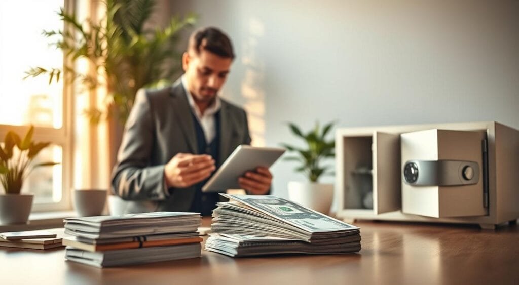A serene and organized workspace symbolizes financial security, featuring a modern desk with a neatly stacked pile of cash and a high-interest savings account statement. In the foreground, a professional individual dressed in business attire is intently reviewing a tablet, calculating finances. The middle ground includes a stylish, green indoor plant and a visible, secure safe partially opened, showcasing its contents. The background features a large window letting in warm, golden sunlight, illuminating the space with a calm glow. The atmosphere is focused and hopeful, conveying a sense of stability and preparedness for future financial needs. The image should be captured with a slight depth of field, emphasizing the subject while softly blurring the background elements.