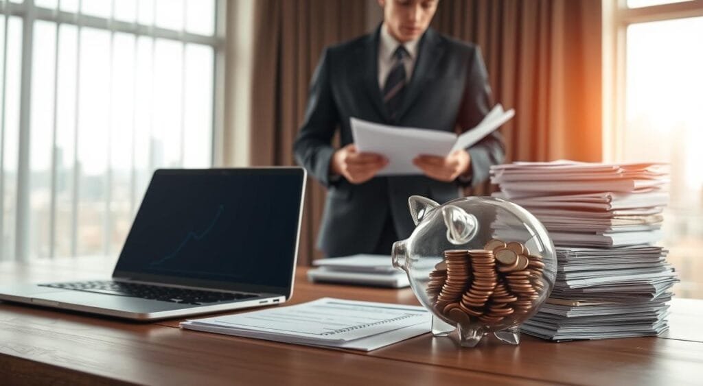 A serene and professional office space depicting financial security. In the foreground, a neatly arranged wooden desk holds a modern laptop displaying a growing savings graph, alongside a clear glass piggy bank filled with coins. A neatly stacked pile of financial documents—including a budget plan—sits to the side. In the middle ground, a confident individual in business attire examines the documents, embodying determination and focus. The background reveals a large window with natural light streaming in, illuminating a city skyline. Soft, warm light creates an inviting atmosphere, suggesting hope and a bright future. The image captures the essence of establishing an emergency fund, blending comfort with professionalism.