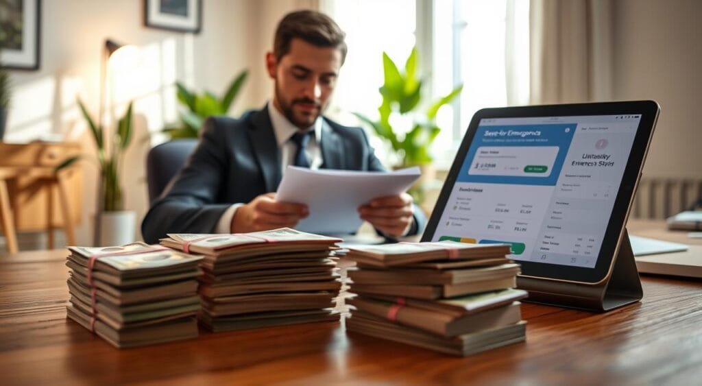 A serene home office scene designed to symbolize saving for emergencies. In the foreground, a wooden desk holds a neatly stacked pile of cash, alongside a modern digital savings app displayed on a tablet. In the middle, a focused individual in professional business attire is reviewing financial documents, with a relaxed expression, embodying a mindset of financial security. The background features a bright window with natural light streaming in, illuminating lush indoor plants, adding a calming atmosphere. The overall mood is optimistic and organized, reflecting a proactive approach to automating savings for emergencies. Soft shadows and warm lighting create a welcoming environment, emphasizing the importance of financial preparedness.