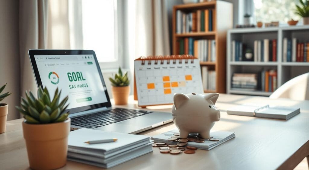 A serene home office scene focusing on savings goals with a modern aesthetic. In the foreground, a stylish desk with a laptop open to a budgeting app, a neatly organized stack of financial documents, and a succulent plant. In the middle, a piggy bank filled with coins and a monthly calendar with highlighted savings targets. The background features soft, natural light streaming through a window, casting gentle shadows, and a bookshelf filled with personal finance books. The atmosphere is calming and motivating, with a color palette of cool blues and greens. Use a wide-angle lens for a cozy yet professional composition, inviting viewers to envision the effectiveness of automating their savings.