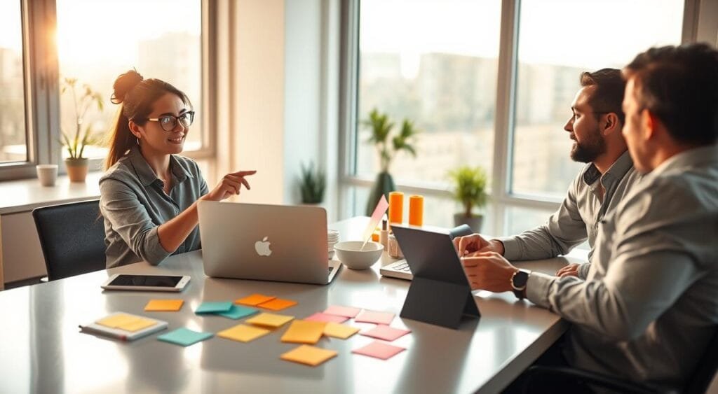 A serene, modern workspace filled with creative energy. In the foreground, a diverse group of three professionals sits around a sleek table, engaged in lively discussion. One person, a woman with glasses in smart casual attire, gestures towards a laptop displaying vibrant social media posts, while a man in a button-up shirt takes notes. In the middle ground, colorful sticky notes and digital devices reflect strategies for short-form content creation, emphasizing teamwork. The background features large windows with bright natural light flooding in, creating an inspiring atmosphere. Soft, warm lighting enhances the collaborative mood, inviting a sense of innovation and overcoming challenges in content creation. The scene conveys determination and creativity in developing effective content strategies.