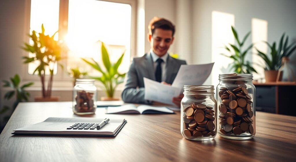 A serene office environment emphasizing financial safety, featuring a wide desk in the foreground with an open notebook, a calculator, and a jar filled with coins symbolizing savings. In the middle ground, a confident young professional in smart business attire is planning finances, thoughtfully reviewing documents with financial graphs. In the background, a large window lets in warm sunlight, illuminating green plants, suggesting a calm and stable atmosphere. Soft shadows create a sense of depth, while a shallow depth of field draws attention to the foreground elements. The overall mood conveys preparedness and security, highlighting the importance of building an emergency fund to ensure financial stability.