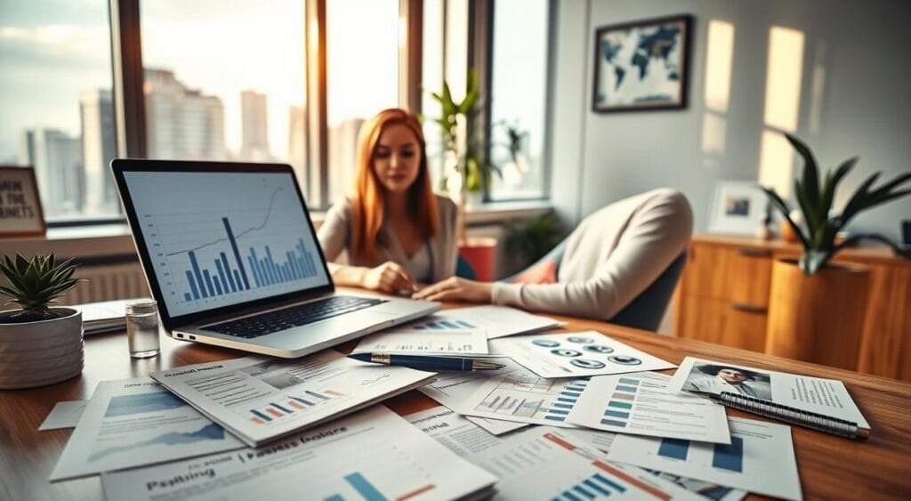 A serene office environment featuring a professional woman in smart casual clothing, sitting at a sleek desk with a laptop open, displaying graphs and charts indicating growth in passive income. In the foreground, scattered documents showcasing diverse online business strategies, such as e-commerce, affiliate marketing, and digital products. The middle ground includes a potted plant and motivational decor, hinting at success and productivity. The background reveals a window with a view of a bustling cityscape, bathed in warm, natural light. The atmosphere is optimistic and inspiring, suggesting focus on financial independence. Use a soft focus effect on the background and a slight foreground blur to emphasize the subject.