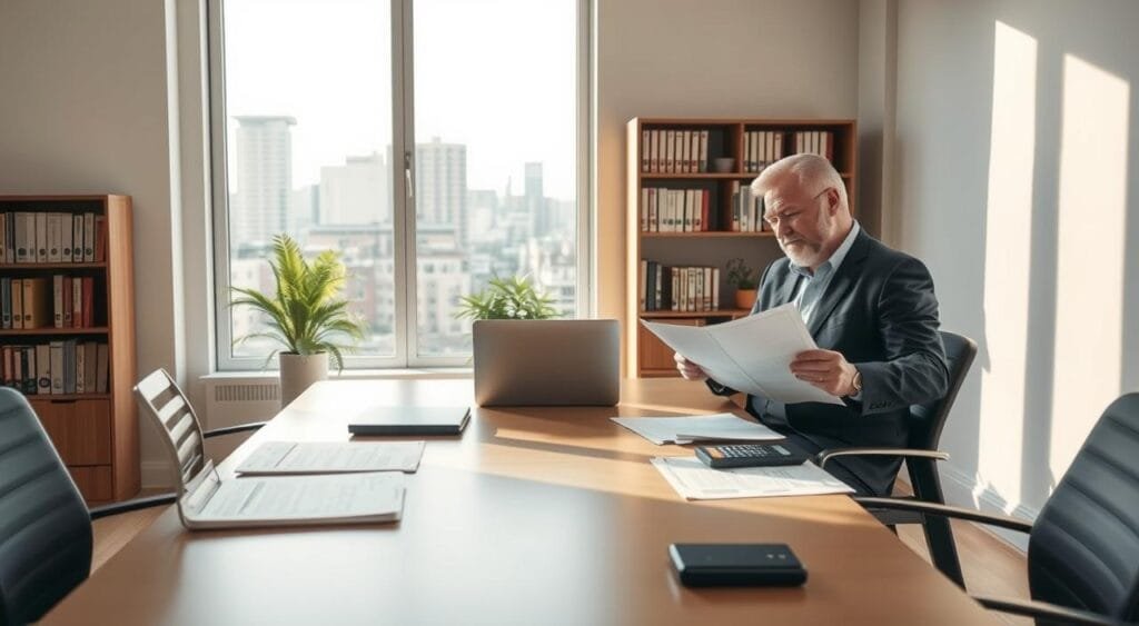 A serene office environment showcasing a professional financial planner meeting with a couple reviewing estate planning documents. In the foreground, a neatly arranged conference table with documents, a laptop, and a calculator. The couple, dressed in business casual attire, appears engaged and thoughtful, discussing their options. In the middle ground, a large window allows soft, natural light to fill the room, casting gentle shadows. A bookshelf filled with financial books and a small indoor plant adds warmth to the scene. In the background, cityscape views are visible outside the window, enhancing the feeling of stability and future planning. The overall mood is calm and focused, conveying a sense of purpose and security in financial decision-making.