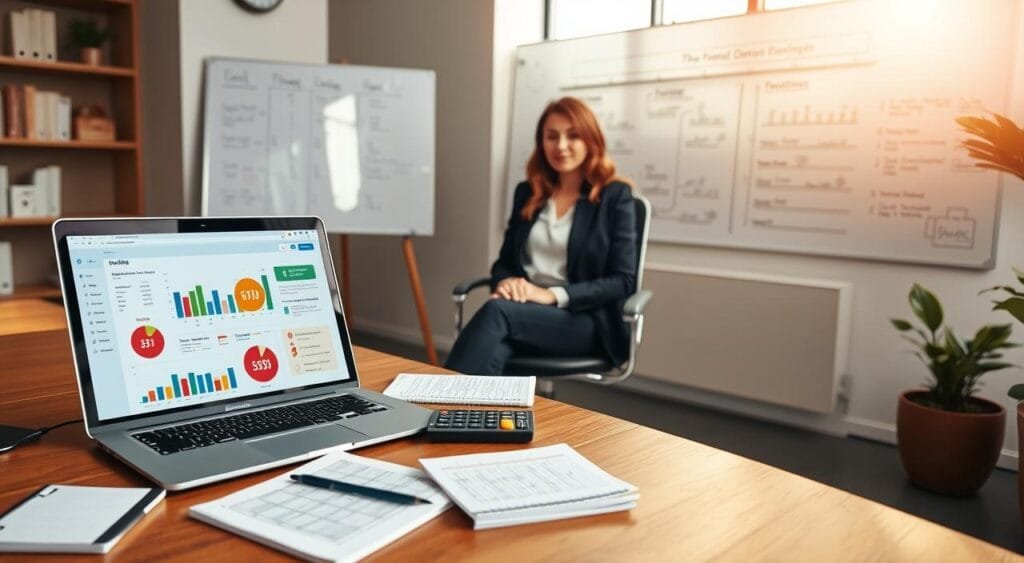 A serene office environment showcasing budgeting techniques. In the foreground, a wooden desk laden with a laptop displaying financial apps, colorful pie charts, and spreadsheets. Beside the laptop, a notepad with handwritten budgeting notes and a calculator. In the middle ground, a modern office chair occupied by a professional woman in smart business attire, focused on her financial planning. In the background, a large window allowing soft natural light to stream in, illuminating a whiteboard filled with financial strategies and goal timelines. The atmosphere is productive and motivational, emphasizing clarity and organization in personal finance management. The image should be bright and inviting, with a warm color palette.