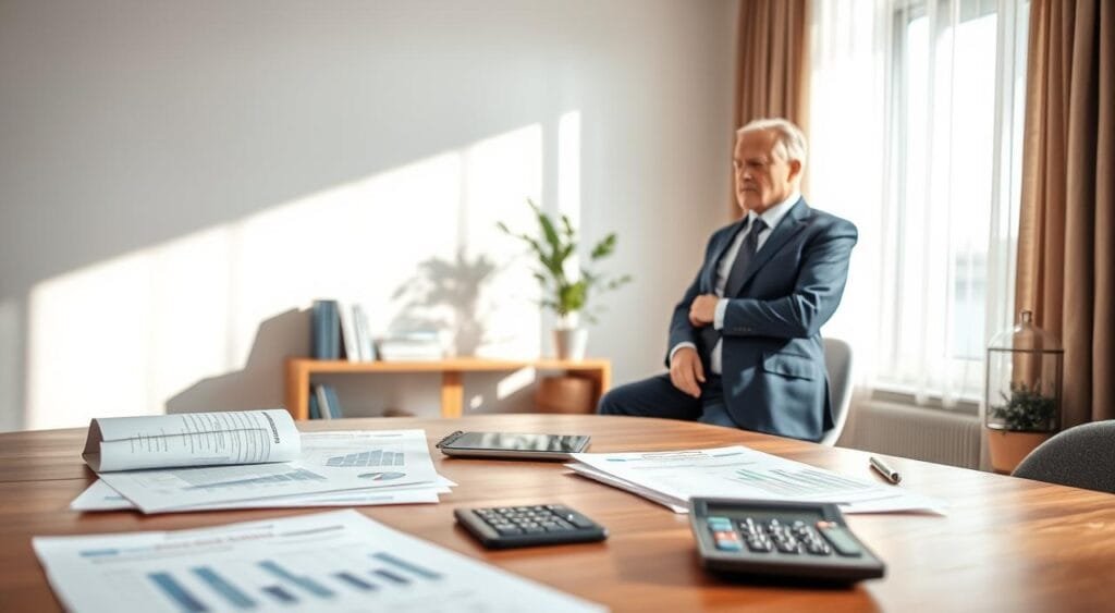 A serene office environment showcasing various retirement investment options, set in the foreground with a wooden desk displaying a variety of documents, charts, and a calculator. In the middle ground, an elegant financial planner in professional business attire, a middle-aged man or woman, is engaged in a discussion with a client, both expressing thoughtful expressions. The background features a large window allowing soft, natural light to stream in, casting gentle shadows across the room. A small indoor plant adds a touch of warmth and life. The overall mood is calm and focused, emphasizing professionalism and trust, making it an ideal setting for discussing tax considerations in retirement planning.