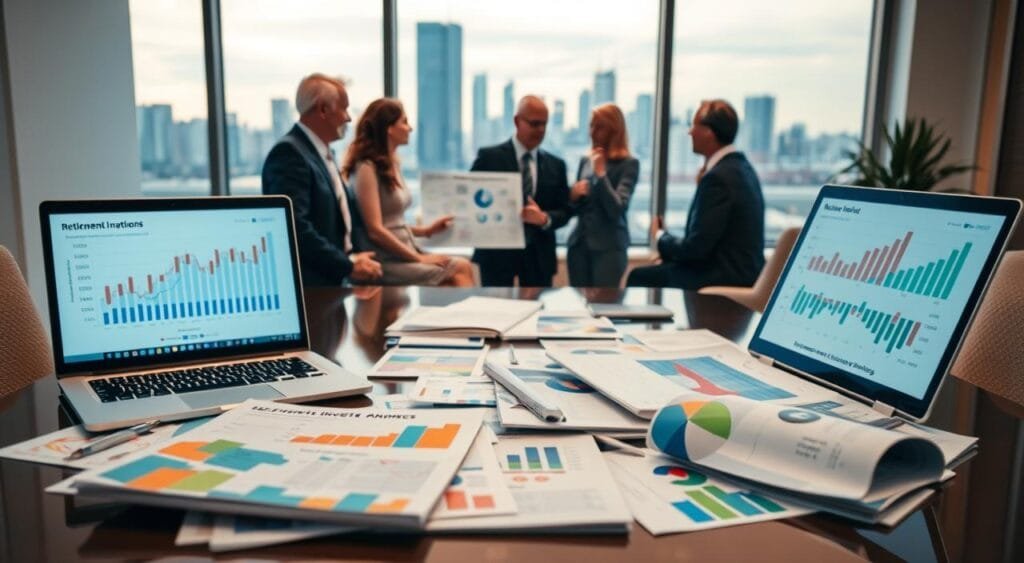 A serene office environment showcasing various retirement investment options. In the foreground, a polished desk littered with colorful investment brochures depicting stocks, bonds, and mutual funds. An open laptop displays a financial planning software interface. In the middle ground, a diverse group of four individuals dressed in professional business attire are engaged in a thoughtful discussion; they are analyzing charts and graphs on a large screen. Soft, warm lighting illuminates the scene, creating an atmosphere of trust and clarity. The background features a window view of a peaceful city skyline, symbolizing future possibilities. The overall mood is focused and optimistic, embodying the essence of assessing risk tolerance in retirement savings.