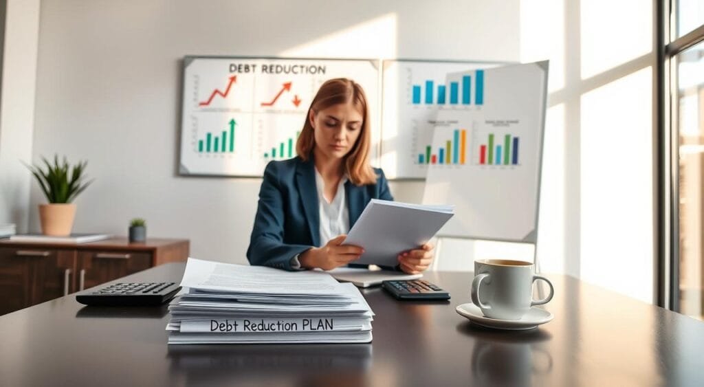 A serene office setting, with a focus on a professional, smartly dressed woman sitting at a sleek desk, reviewing a financial plan. In the foreground, there are neatly stacked papers labeled "Debt Reduction Plan," accompanied by a calculator and a cup of coffee. In the middle ground, a wall-mounted whiteboard displays colorful charts and graphs illustrating debt management strategies, with clear visual cues like downward arrows showing debt reduction progress. In the background, a large window lets in soft, natural light that creates an uplifting atmosphere, enhancing the feeling of hope and financial empowerment. The color palette is calm and professional, featuring blues and greens to evoke trust and stability. The composition suggests a sense of organization and clarity, embodying the theme of effective debt management.