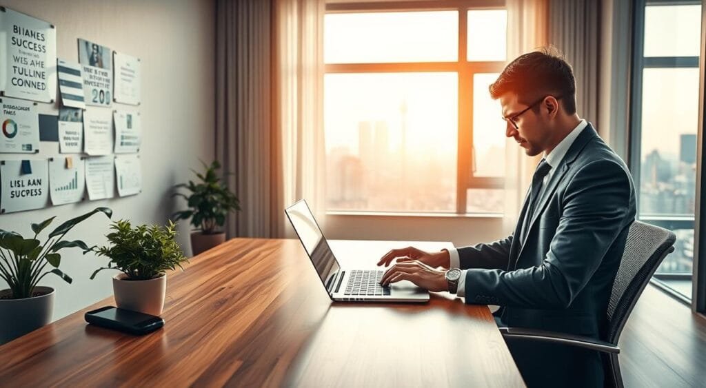 A serene office space featuring a polished wooden desk with a laptop open, showcasing graphs and charts indicating growth and prosperity. In the foreground, a professional in smart business attire is analyzing a strategic investment plan, surrounded by plants symbolizing growth. To the left, a vision board filled with inspiring quotes and success imagery. The middle ground includes a large window allowing natural light to fill the room, casting warm, uplifting tones. In the background, a city skyline can be seen through the window, representing opportunities and the endless possibilities of wealth creation. The overall mood is optimistic and focused, encouraging a sense of empowerment and aspiration.