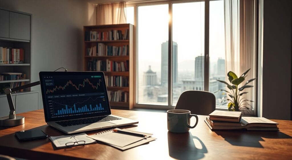 A serene workspace depicting the concept of passive income. In the foreground, a modern desk with a high-quality laptop displaying financial graphs and charts. Surrounding the laptop are scattered notes and a cup of coffee, symbolizing productivity. In the middle ground, a stylish bookshelf filled with business books and financial guides, hinting at knowledge and education. The background features a large window showcasing a sunny outdoor view, with cityscapes that suggest growth and opportunity. Soft natural light streams in, casting gentle shadows across the scene to create a warm and inviting atmosphere. The overall mood is calm and focused, evoking the idea of success through smart investments and multiple income streams.