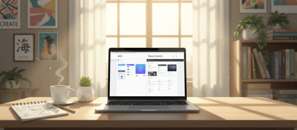 A serene workspace featuring a comparison between Wix and Squarespace. In the foreground, a sleek laptop sits on a polished wooden desk, displaying a split-screen view of both platforms' design interfaces. To the side, an elegant coffee cup and a notepad with design sketches suggest a thoughtful review process. In the middle ground, a stylish indoor plant adds a touch of greenery, while behind it, soft natural light filters through a large window, casting a warm glow. The background showcases a cozy, well-decorated room with motivational art on the walls. The mood is focused and inspiring, perfect for design-focused users assessing their blogging options. The image is captured with a shallow depth of field, emphasizing the laptop while creating a welcoming atmosphere.
