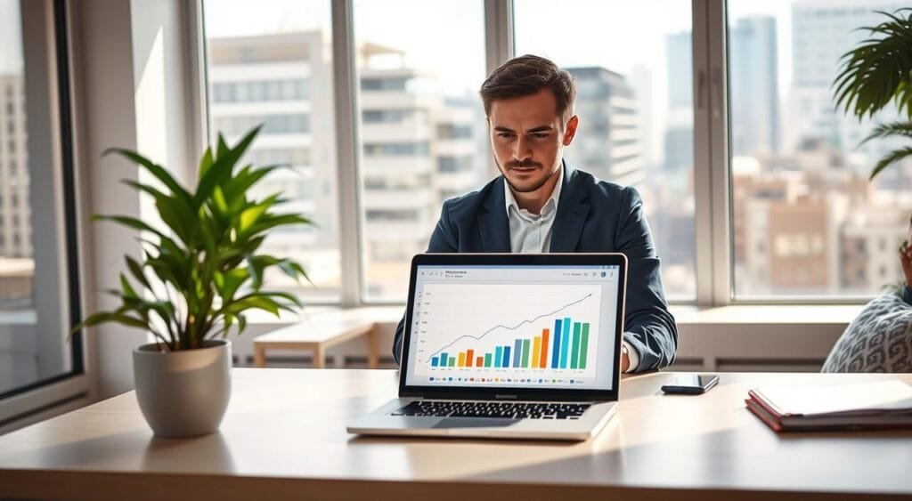 A serene workspace featuring a cozy home office with large windows letting in soft, natural light. In the foreground, a sleek desk holds a laptop displaying graphs and charts symbolizing financial growth. A potted plant adds a touch of greenery. In the middle, a professional-looking person in smart casual attire is engaged in work, with a focused expression. Behind them, a wall is adorned with motivational quotes and visual representations of passive income streams, such as rental properties and stock market symbols. The background shows a cityscape through the window, hinting at urban development. The atmosphere is productive and optimistic, suggesting automation and efficiency in income generation. The image feels bright and inviting, with a shallow depth of field focusing on the person and the laptop.