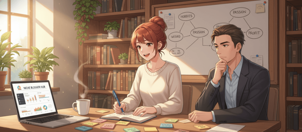 A serene workspace scene depicting a brainstorming session on niche blogging ideas. In the foreground, a wooden table is cluttered with colorful sticky notes, a laptop open to a blog dashboard, and a steaming cup of coffee. In the middle, an engaged professional woman in a smart casual outfit sits with a notepad, jotting down ideas, while a thoughtful man in business attire examines a mind map pinned on a corkboard. The background shows a well-lit room with shelves filled with books and plants, creating a warm, inviting atmosphere. Soft natural light filters through a nearby window, enhancing a productive and creative mood, captured with a soft-focus lens to emphasize the subjects.