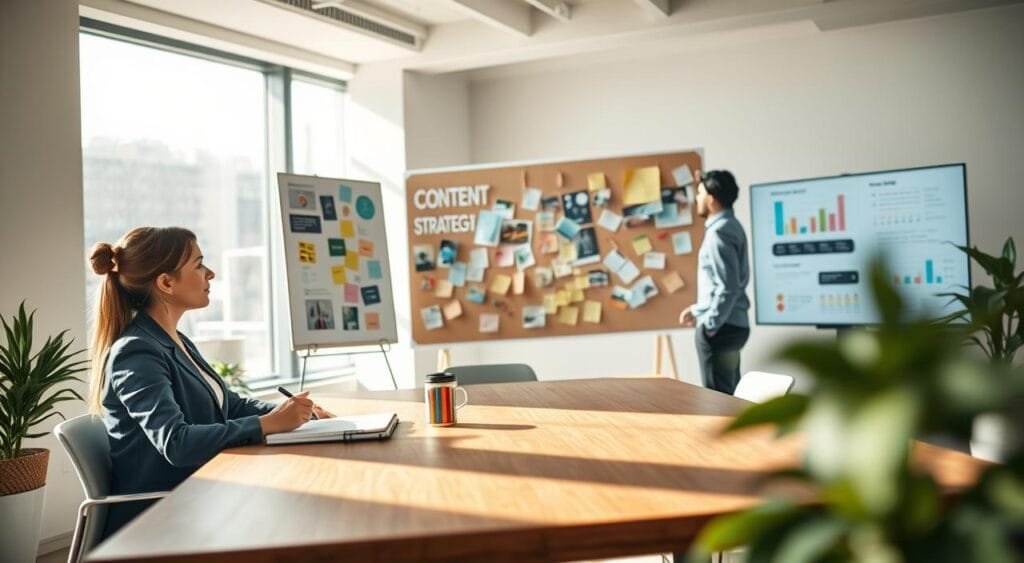 A serene workspace scene depicting a diverse group of professionals collaborating on a content strategy. In the foreground, a businesswoman in professional attire sits at a sleek wooden desk, writing notes in a notebook, while a man in business casual stands beside her, pointing at a large digital screen displaying colorful charts and analytics. In the middle, a pinboard filled with ideas and visual content is visible, with sticky notes and images representing various content types. The background features a bright, modern office with large windows allowing natural light to flood the space, creating an uplifting atmosphere. The image conveys focus and innovation, emphasizing teamwork and the strategic planning process in content creation. Soft lighting enhances the collaborative mood while capturing the essence of professional growth.