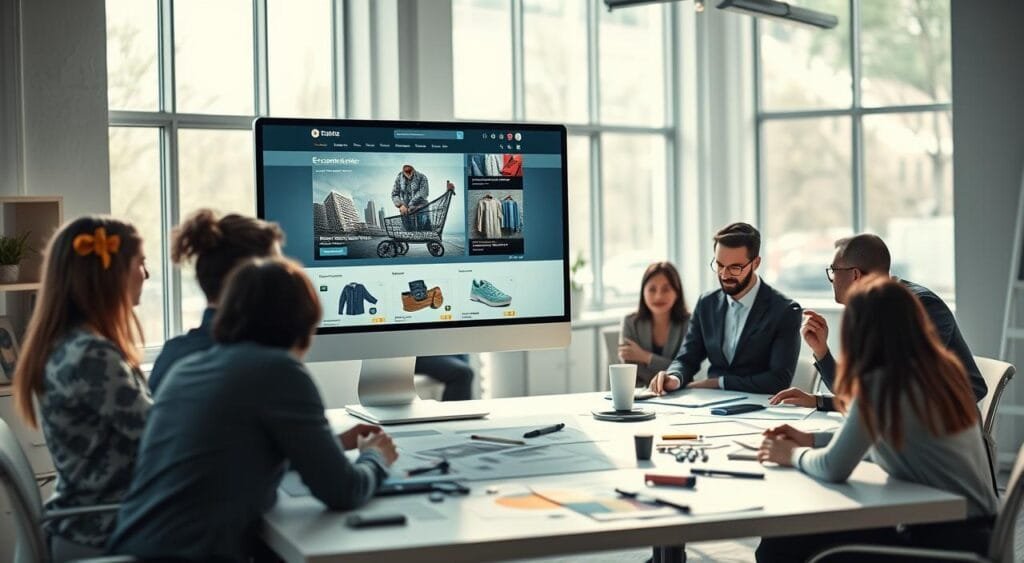 A sleek, modern e-commerce website interface displayed on a large computer screen, set in a bright, inviting office space. In the foreground, a diverse group of professionals, dressed in smart business attire, are brainstorming around a table with design sketches and digital devices. The middle ground features a well-organized workspace, showcasing elements like color palettes, design mockups, and digital tools. The background reveals large windows allowing natural light to flood the room, creating an open and collaborative atmosphere. Soft light enhances the scene, casting subtle shadows. The mood is professional yet creative, emphasizing trust and innovation in e-commerce design. A sleek, modern e-commerce website interface displayed on a large computer screen, set in a bright, inviting office space. In the foreground, a diverse group of professionals, dressed in smart business attire, are brainstorming around a table with design sketches and digital devices. The middle ground features a well-organized workspace, showcasing elements like color palettes, design mockups, and digital tools. The background reveals large windows allowing natural light to flood the room, creating an open and collaborative atmosphere. Soft light enhances the scene, casting subtle shadows. The mood is professional yet creative, emphasizing trust and innovation in e-commerce design.