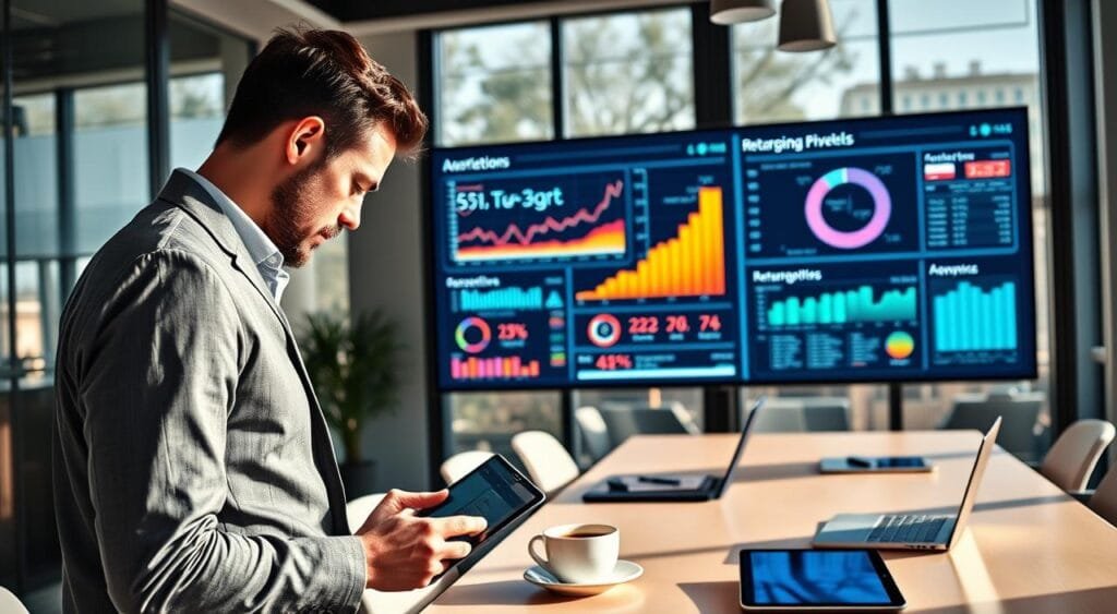 A sleek, modern office environment showcases a large digital screen displaying an array of data analytics related to retargeting pixels, with vibrant graphs and statistics prominently featured. In the foreground, a focused business professional, dressed in smart casual attire, studies the screen intently while jotting notes on a digital tablet. The middle section includes a stylish conference table scattered with tablets, laptops, and cup of coffee, reflecting a collaborative spirit. The background features large windows allowing natural light to flood the room, casting soft shadows and creating a warm atmosphere that emphasizes productivity. The colors are bright and engaging, evoking a sense of innovation and forward-thinking in digital marketing strategies. The angle is slightly from above, offering a clear view of the detailed screen while capturing the overall ambiance of a dynamic workspace.